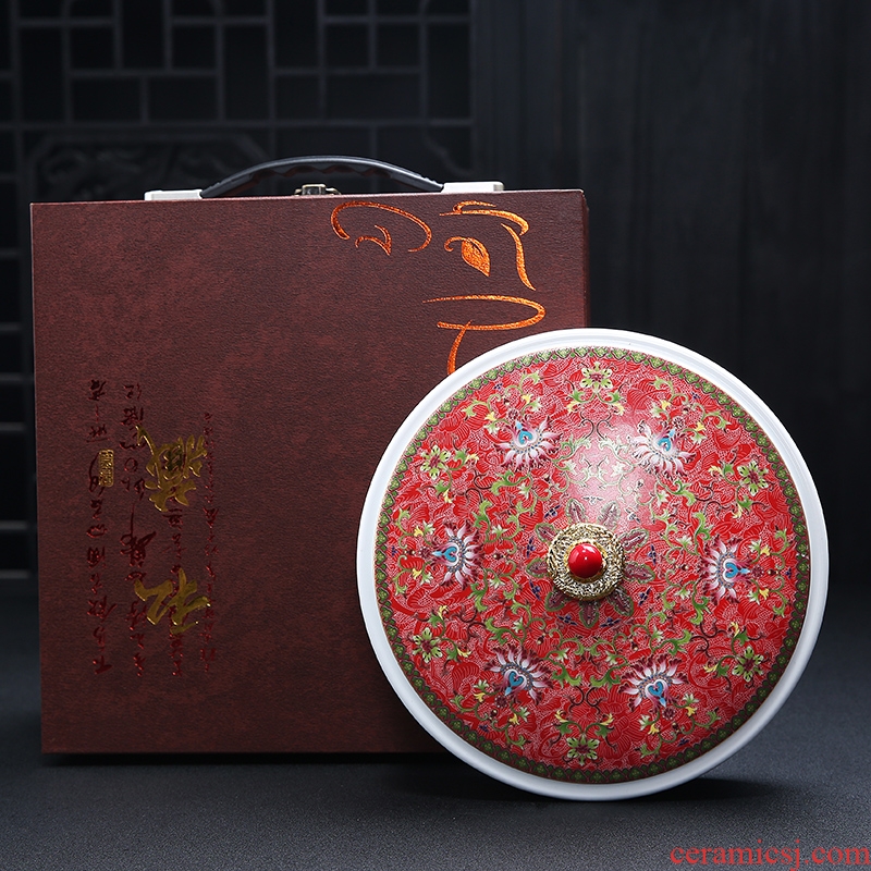 Chinese wind colored enamel puer tea cake ceramic tea pot white tea cake court wind puer tea boxes, wooden gift box