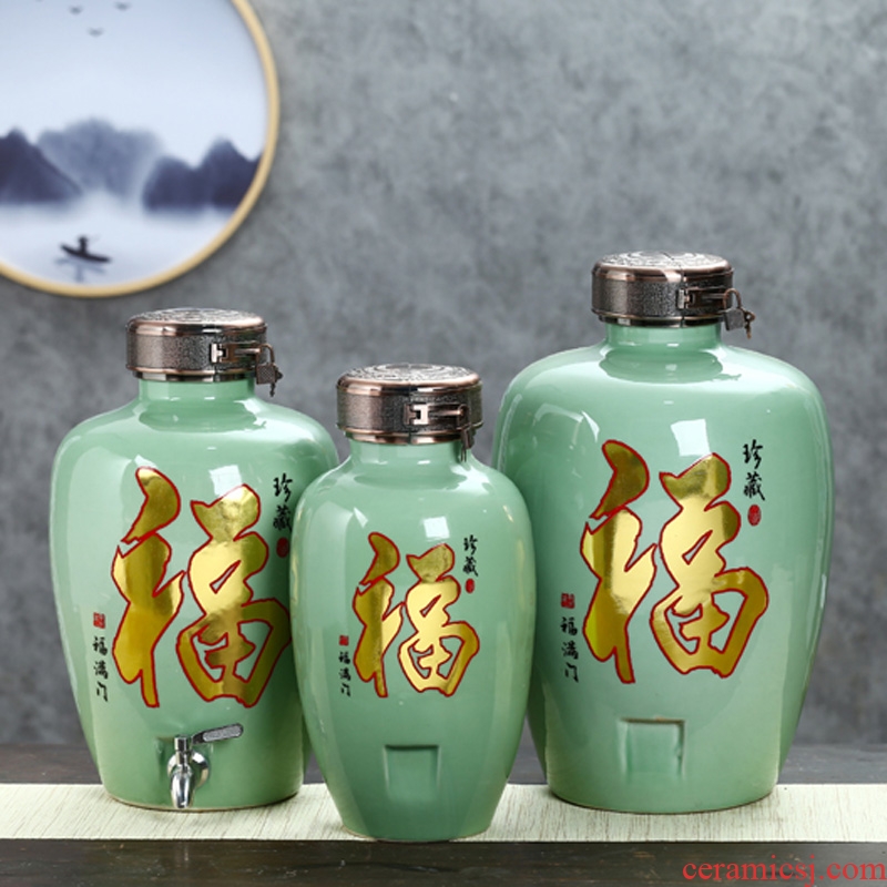 Jingdezhen ceramic jar home wine pot empty wine bottle with tap mercifully jars 10 jins 20 jins 30 pounds