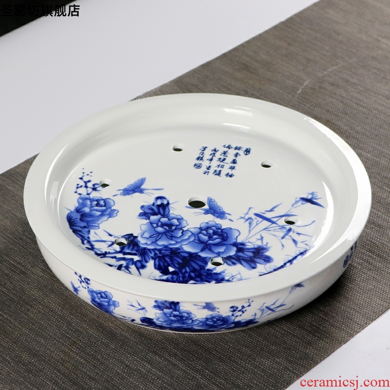 12 "blue and white porcelain tea sets of double water large round ceramic tea tray household water tray was embedded tea boat