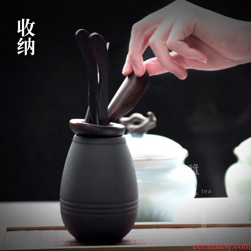 Solid wood tea six gentleman ceramic base set a complete set of ebony ChaZhen teaspoons ChaGa ChaBo tea accessories