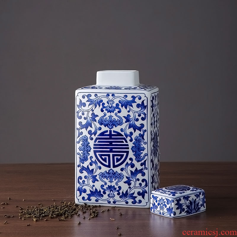 Blue and white porcelain jar of new Chinese style happy character jar jar home sitting room living room TV cabinet wine cabinet decoration ceramics furnishing articles