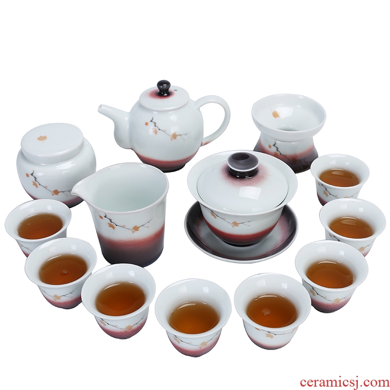 Auspicious edge color ink kung fu tea set of household ceramic white porcelain tureen ultimately responds tea tea of a complete set of tea cups