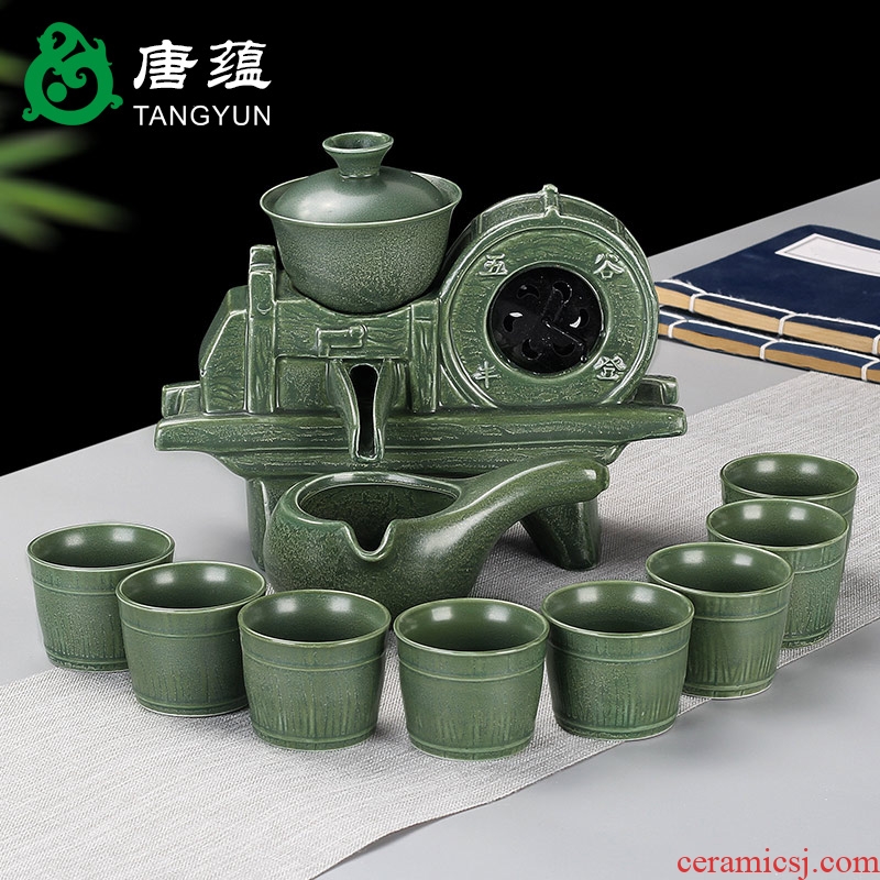 Jingdezhen kung fu tea set ceramic household lazy retro graphite half automatic teapot teacup contracted