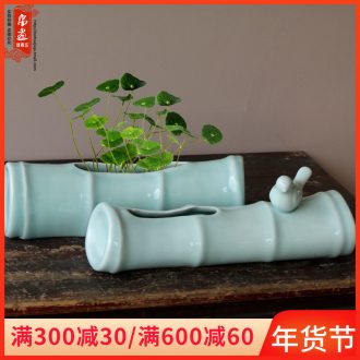 Jingdezhen ceramic checking shadow celadon big bamboo dried flower vases, flower implement desktop decoration porcelain decoration process
