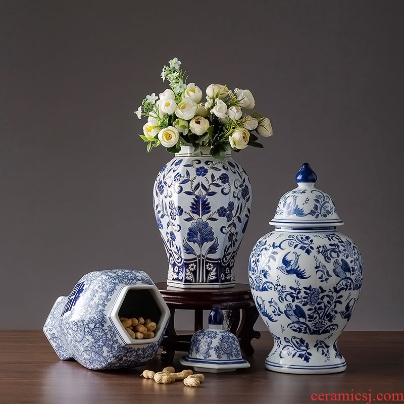 Hexagon dry flower vase of blue and white porcelain jingdezhen porcelain Chinese TV ark, decoration home decoration handicraft furnishing articles
