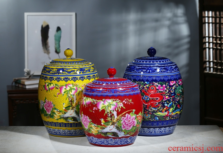 Jingdezhen ceramic barrel ricer box 25 kg 35 jins tank cylinder tea cake storage cylinder wine with cover household altar