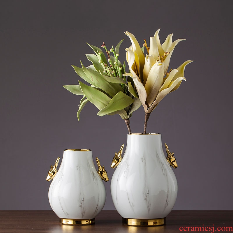 Ceramic dry flower vase household living room table vase furnishing articles light decorations creative key-2 luxury decoration Ceramic deer floral outraged