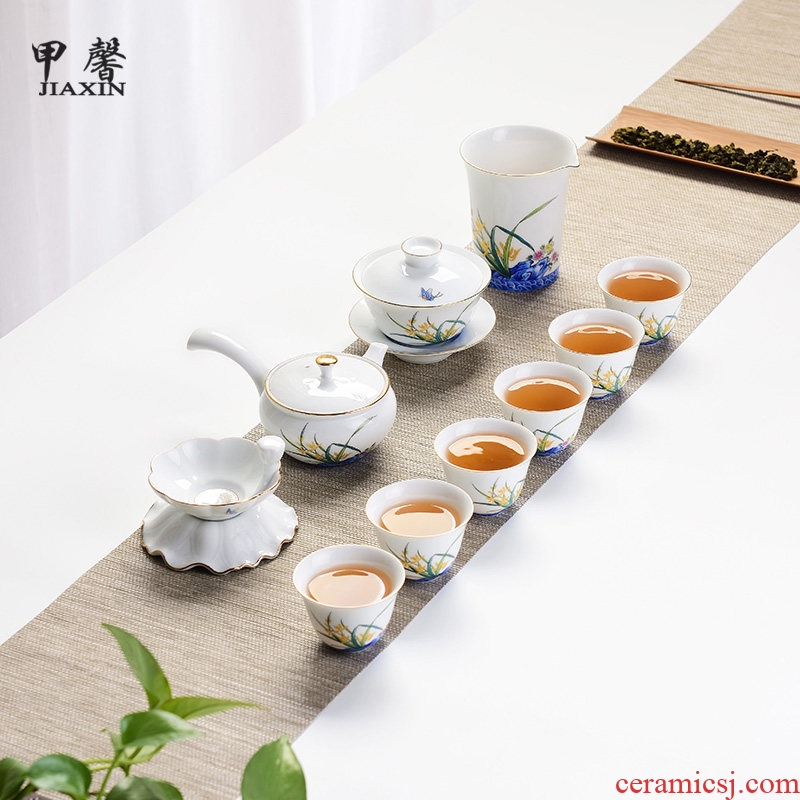 JiaXin blue and white porcelain tea set kung fu tea set household contracted Chinese tea tea set ceramic white porcelain tea set