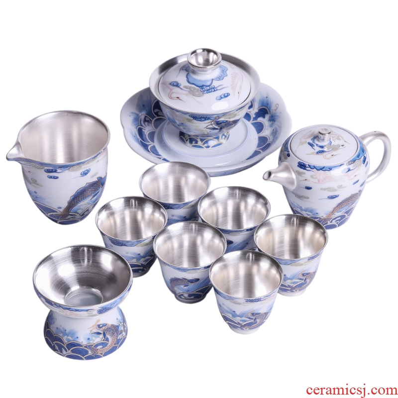 Kung fu tea set gift box set of blue and white porcelain gifts household ceramics silver teapot teacup tea high - grade office