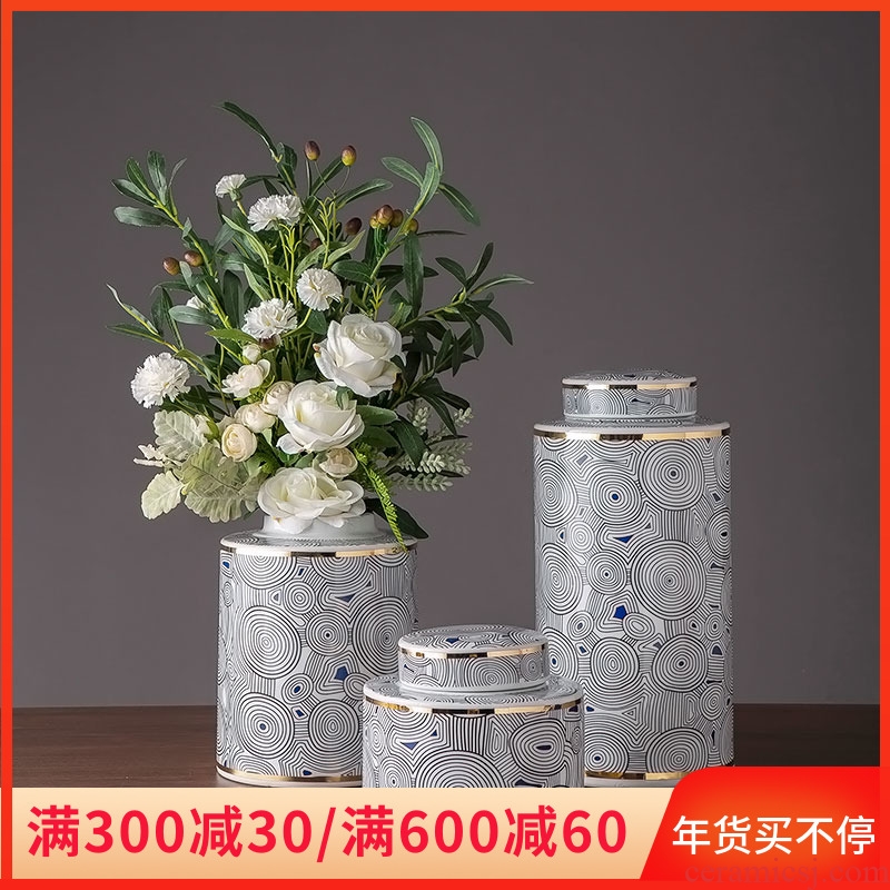 Jingdezhen ceramic furnishing articles large household storage tank with cover tea pot sitting room TV cabinet decoration decoration