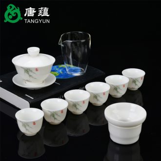 Suet jade white porcelain ceramic kung fu tea set home sitting room office home tea cups tureen gift boxes
