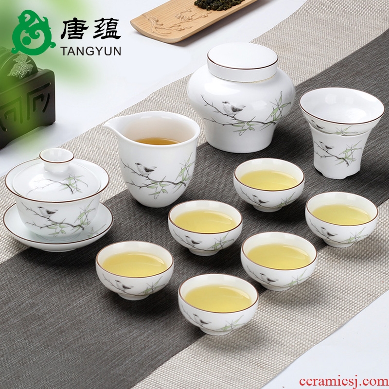 Jingdezhen up porcelain tureen large cups kung fu tea set jade porcelain three cup fat white big bowl of household