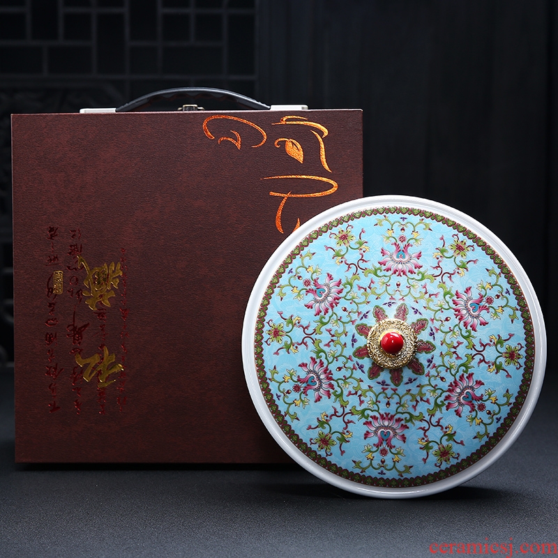 Chinese wind colored enamel puer tea cake ceramic tea pot white tea cake court wind puer tea boxes, wooden gift box