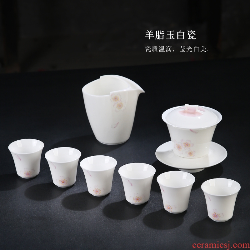 White porcelain porcelain remit kung fu tea set 10 first set of tea cups dehua ceramic tureen of a complete set of hand - made of cherry blossoms