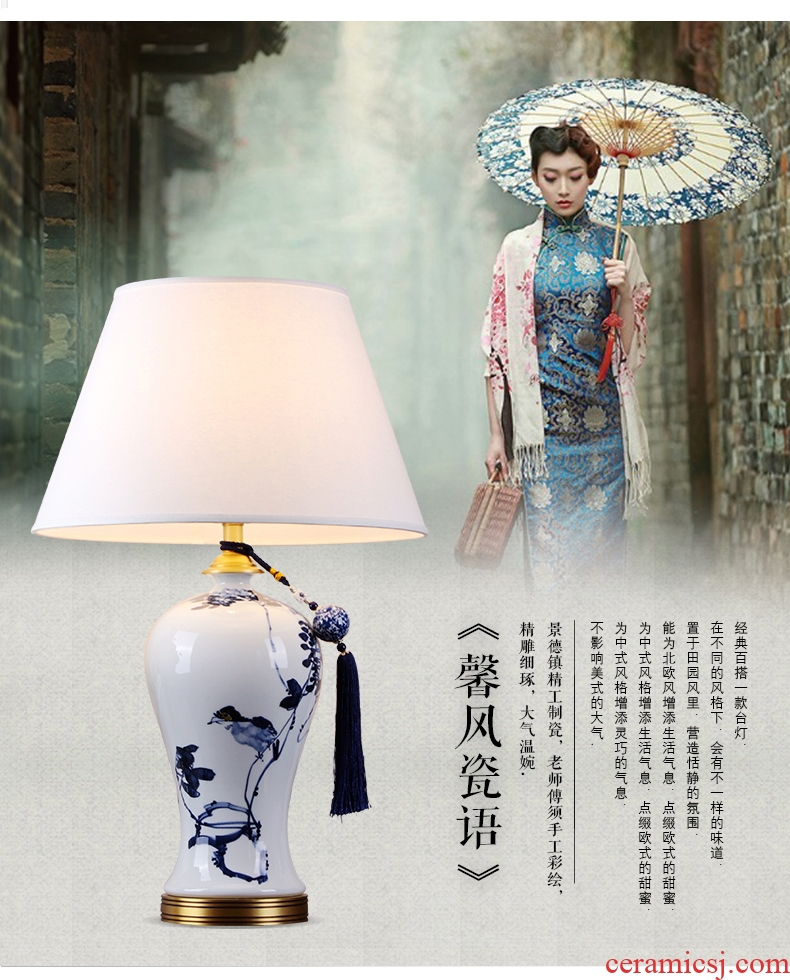New Chinese style full copper light key-2 luxury jingdezhen ceramic desk lamp villa clubhouse sitting room adornment of bedroom the head of a bed, hand - made works