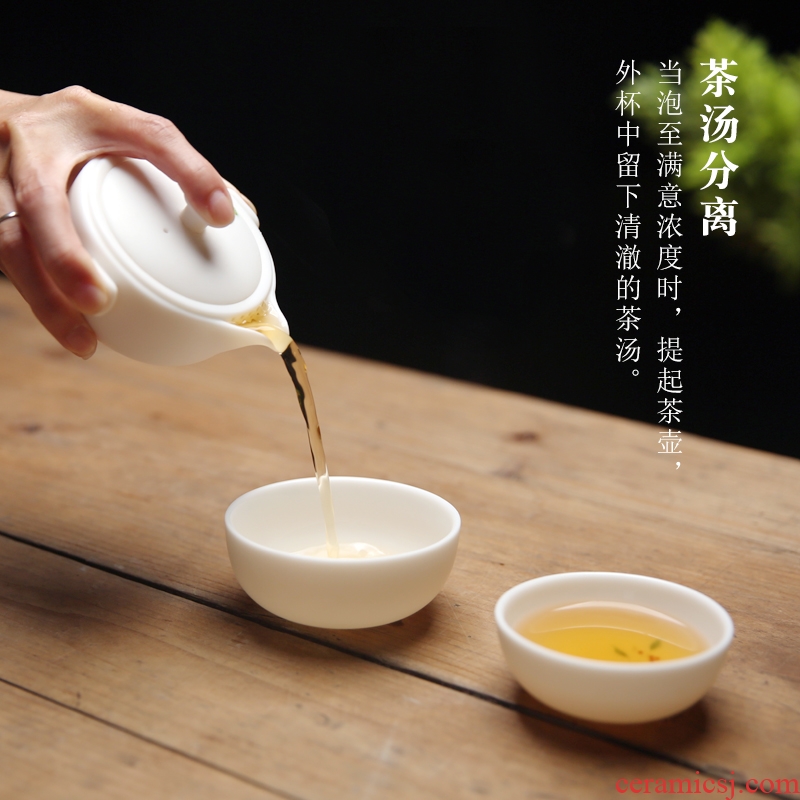 Dehua porcelain remit suet jade hand draw landscape crack cupped a pot of two cup of portable travel tea set ceramic tea cup