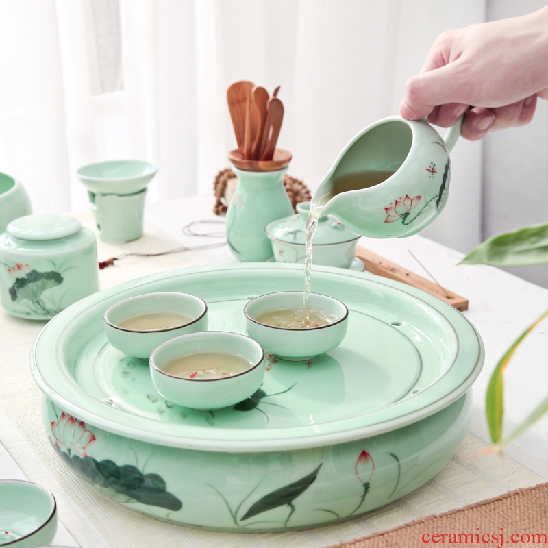 Longquan celadon tea set ceramic round kunfu tea tea tray was round tray household water storage large ship tea big number