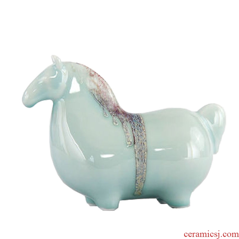 Jingdezhen shadow blue horse sitting room ceramics handicraft feng shui prosperous wealth furnishing articles version into the gift horse decoration