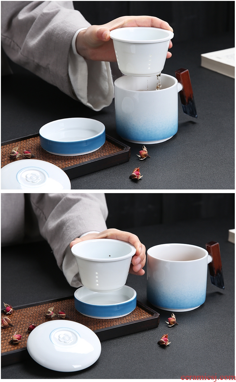 Auspicious edge filter ceramic tea cup with wooden handle with cover keller large capacity domestic tea cup gift box office