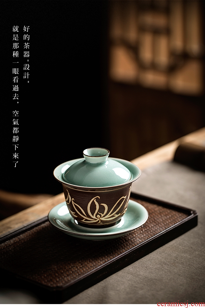 Longquan celadon only three tureen large hand cut ceramic cups individual household to make tea bowl of kung fu tea set