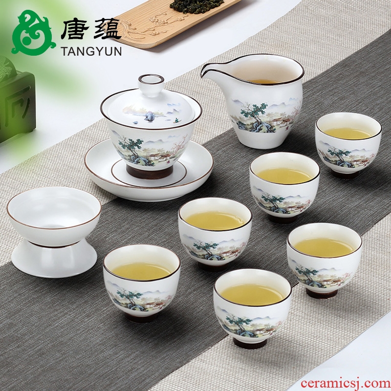 Jingdezhen up porcelain tureen large cups kung fu tea set jade porcelain three cup fat white big bowl of household