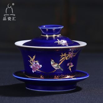 The Product porcelain sink heavy paint painting of flowers and tureen ji blue glaze three it cover bowl with ceramic kung fu tea tea bowl