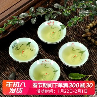 Celadon lotus lotus carp goldfish fish kunfu tea cups at upstream fish ceramic bowl with a cup of single CPU