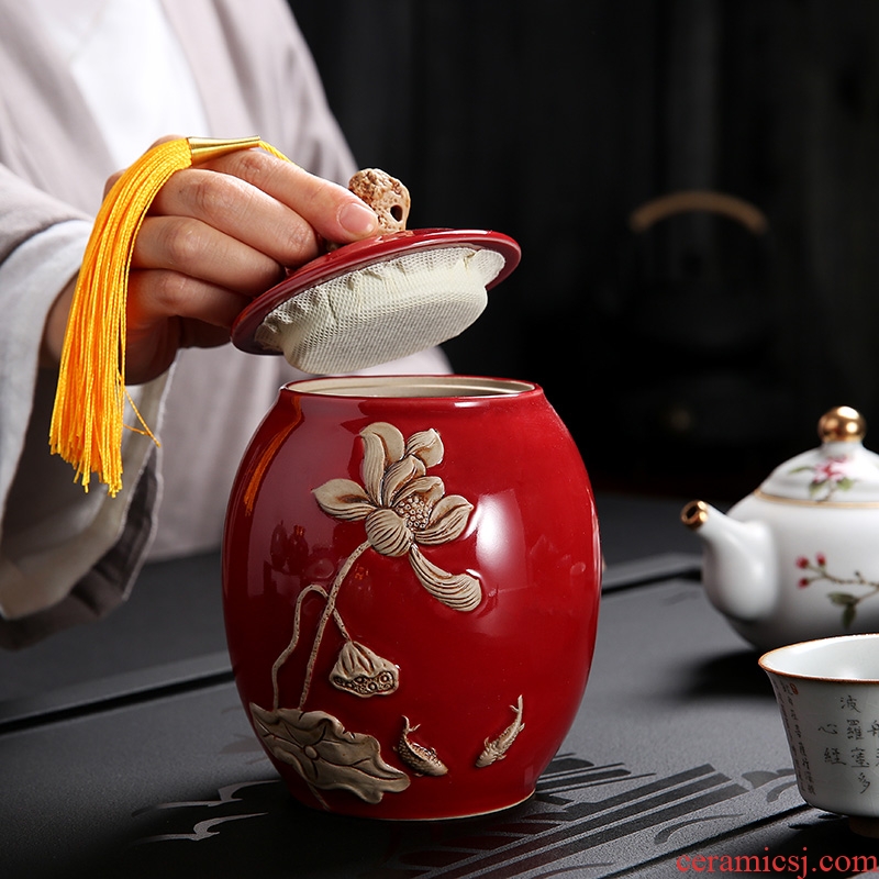 Auspicious edge ceramic tea pot half jins to pu 'er embossed lotus red green tea storage POTS of household
