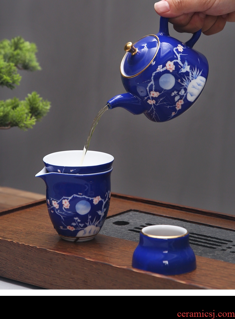 The Product under glaze color blue and white porcelain remit blue teapot pure manual hand - made home portable teapot ceramic kung fu tea set