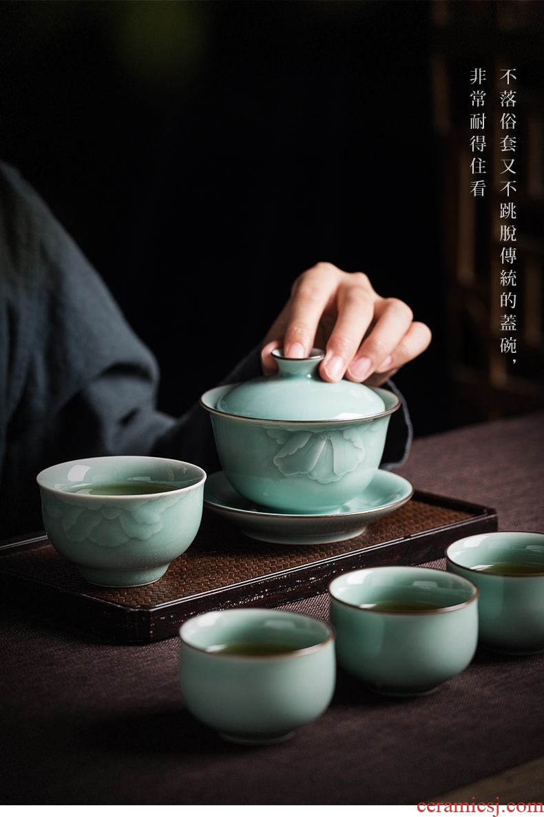 Hand cut three tureen suit only longquan celadon household ceramic tea, Chinese kung fu tea set gift boxes