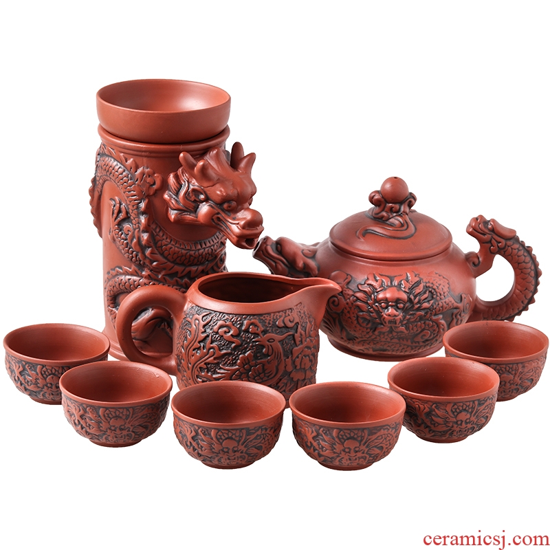 Violet arenaceous kung fu tea set home lazy archaize ssangyong water tea ware ceramic teapot teacup of a complete set of flowers