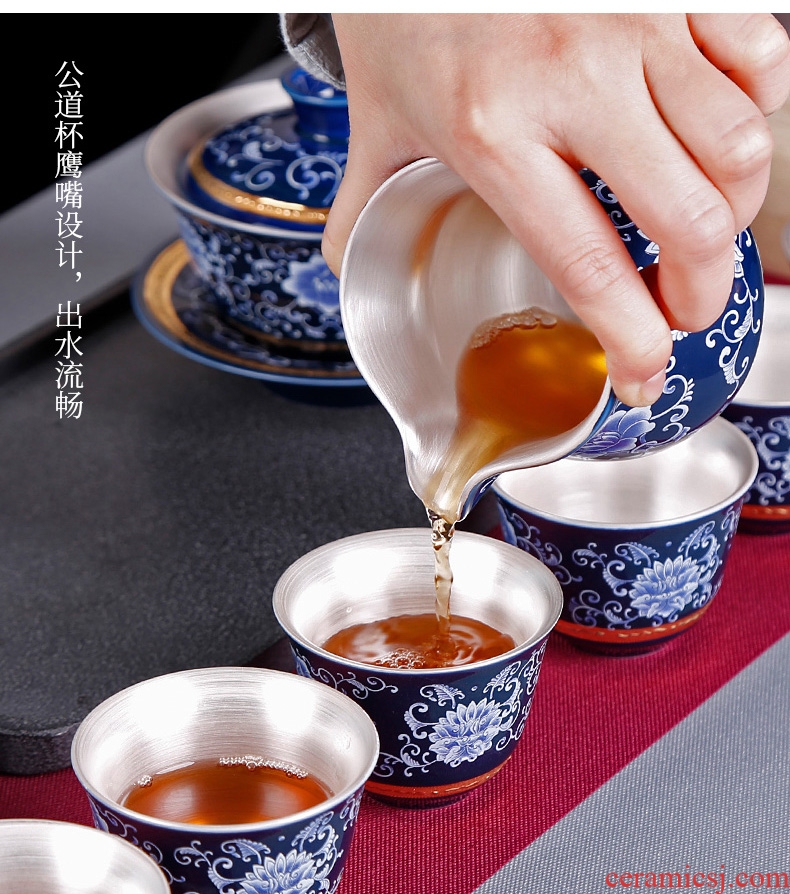 Kung fu tea set suit household jingdezhen porcelain ceramic GaiWanCha coppering. As silver cups contracted and I office