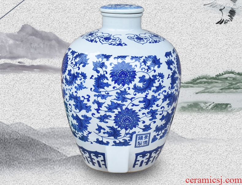 Jingdezhen blue and white wine VAT archaize ceramic jars seal 10 jins home outfit jar 50 pounds empty beer as cans