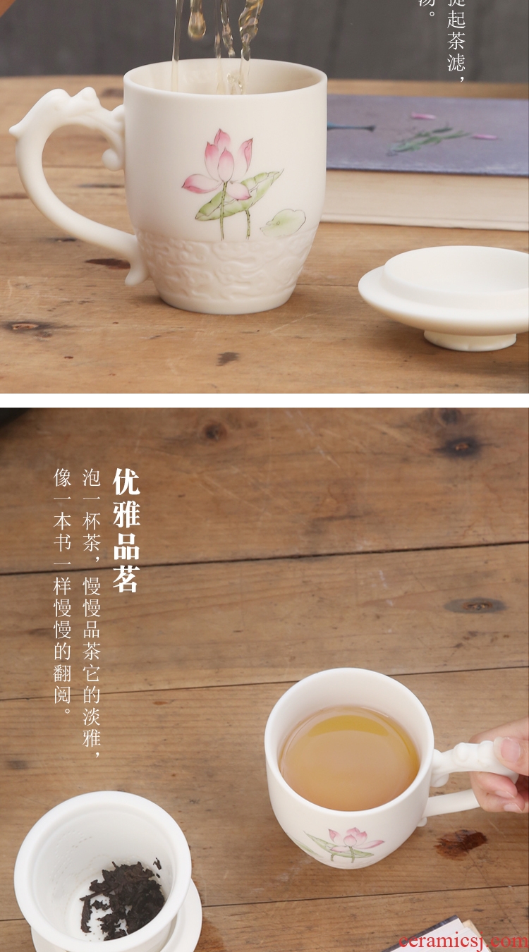 The Product porcelain sink Chinese dehua suet white jade lotus rhyme filter glass office cup with cover large porcelain tea cup