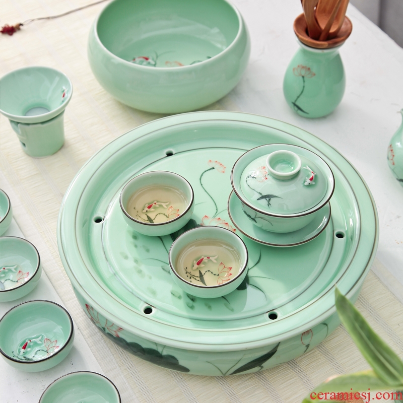 Longquan celadon tea set ceramic round kunfu tea tea tray was round tray household water storage large ship tea big number