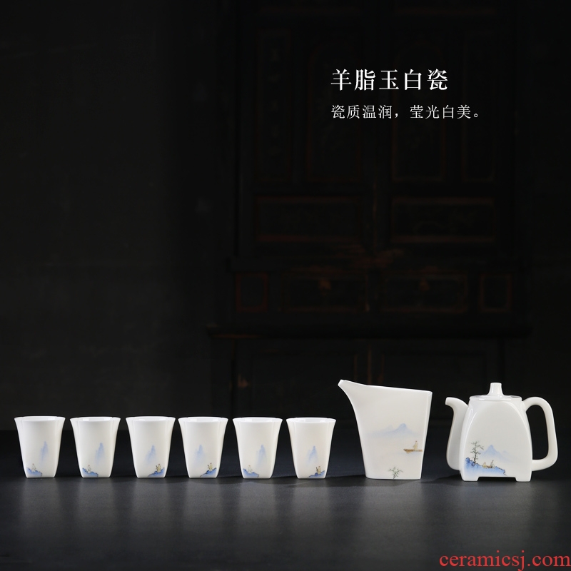 The Product white porcelain dehua porcelain porcelain remit kung fu tea set 6 cups of a complete set of household gift teapot hand - made of scenery