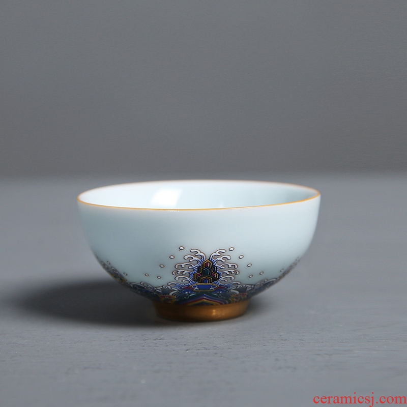 Auspicious margin of colored enamel porcelain teacup master cup single cup big fair sample tea cup a cup of tea XiCha kung fu tea set