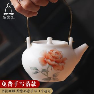 The Product porcelain sink white porcelain teapot Chinese rose girder suet jade teapot ceramic famille rose kung fu tea pot