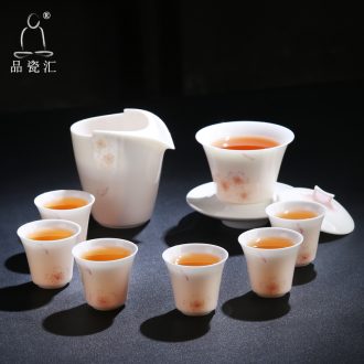 White porcelain porcelain remit kung fu tea set 10 first set of tea cups dehua ceramic tureen of a complete set of hand - made of cherry blossoms