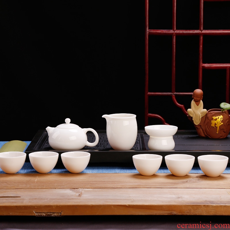 Dehua white porcelain tea set ceramic household pure white kung fu tea pot contracted tea gift box office