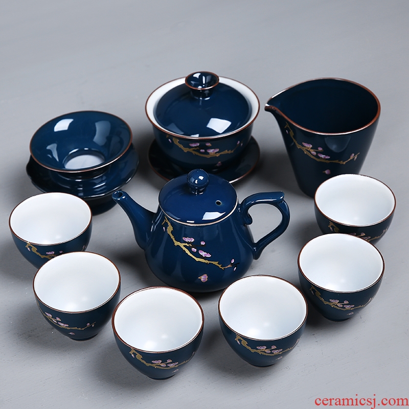 Auspicious yuan ji blue glaze household kung fu tea set ceramic teapot GaiWanCha sea fair keller a complete set of gift boxes