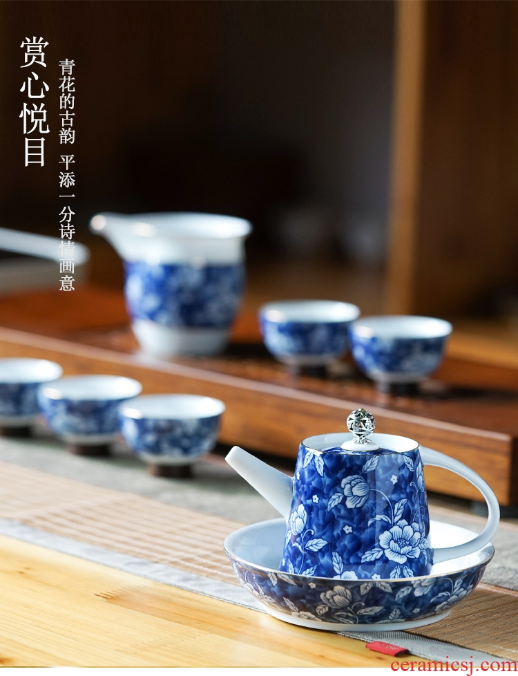 JiaXin silver kung fu tea set of blue and white porcelain household contracted in Chinese ceramic tea cups of a complete set of the teapot