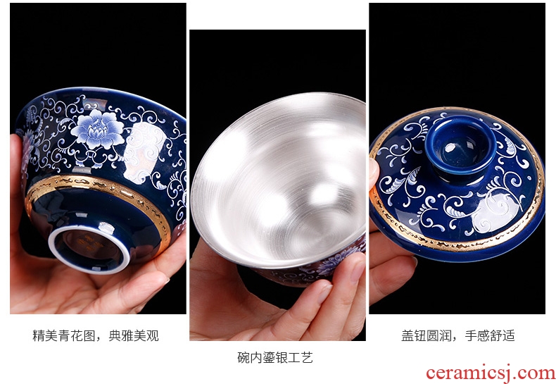 Kung fu tea set suit household jingdezhen porcelain ceramic GaiWanCha coppering. As silver cups contracted and I office