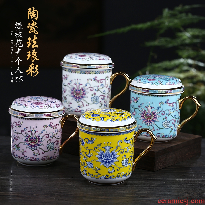 Jingdezhen ceramic cups three - piece filtering cup colored enamel glass office cup cover separation of tea cups of tea