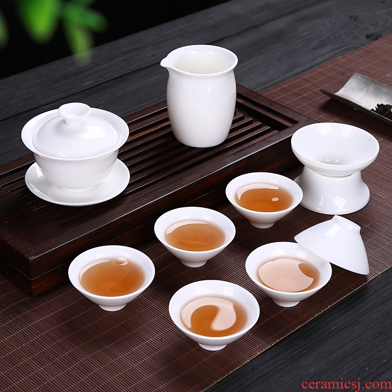 Suet jade white porcelain kung fu tea set suit household ceramics office household tureen teapot teacup gift boxes