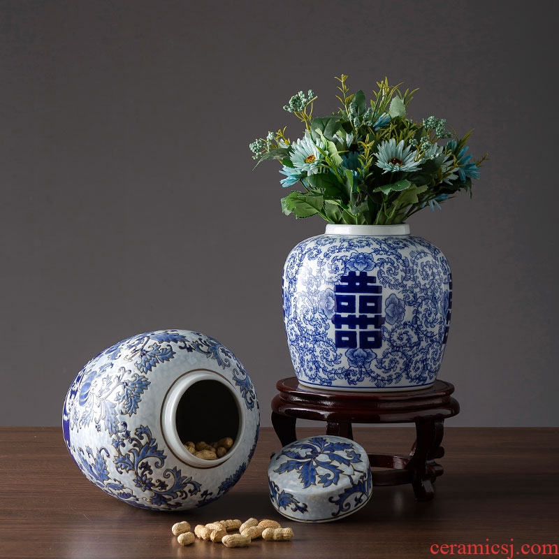Jingdezhen blue and white porcelain vases, pottery and porcelain flowers grain dry flower household TV ark, sitting room adornment simulation flower arranging flowers