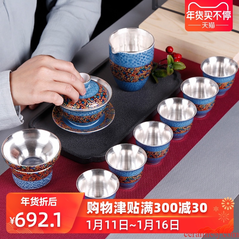 Coppering. As silver cup teapot household kung fu tea set ceramic cup sitting room office 6 Chinese style restoring ancient ways