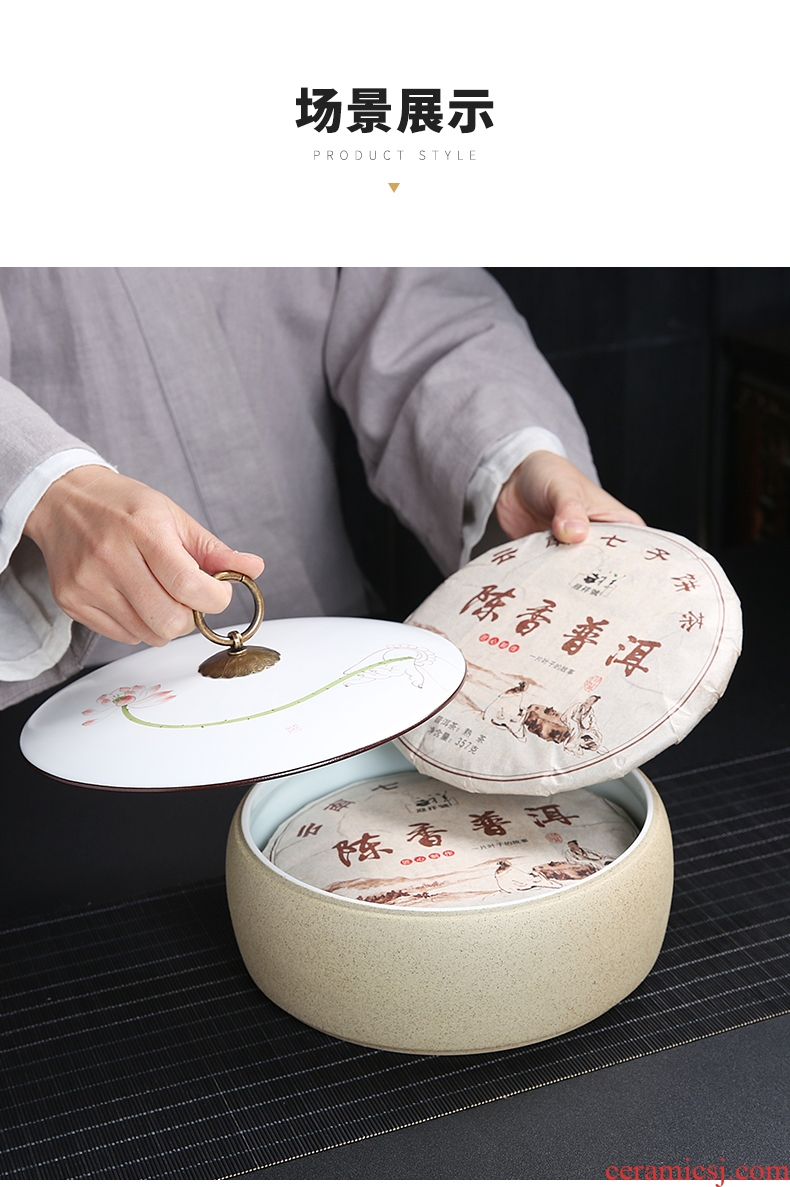 Auspicious edge hand - made ceramic tea pot coarse pottery large pu 'er tea packaging tapes cover up tea storage tank washing