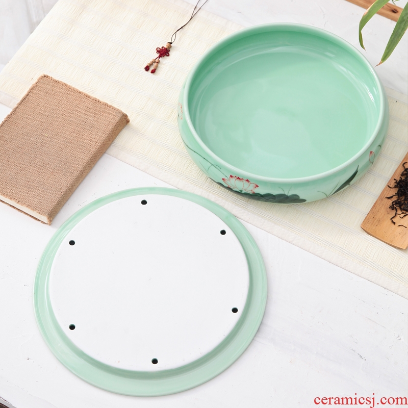 Longquan celadon tea set ceramic round kunfu tea tea tray was round tray household water storage large ship tea big number