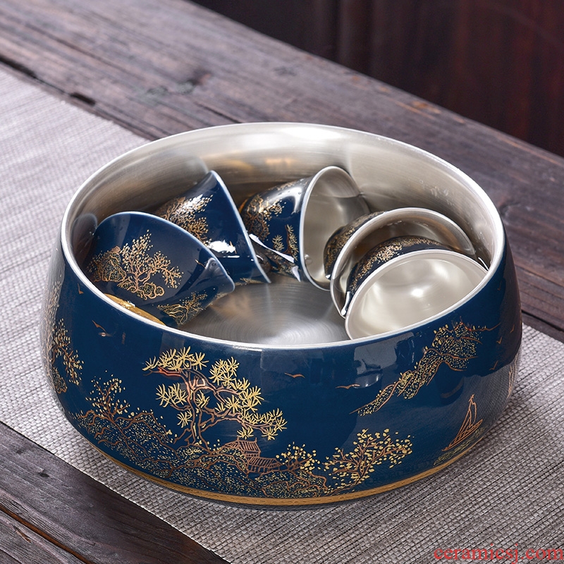 Tao blessing ceramic tasted silver gilding ji blue big tea wash to household silver kunfu tea cups receive a pot of tea to wash